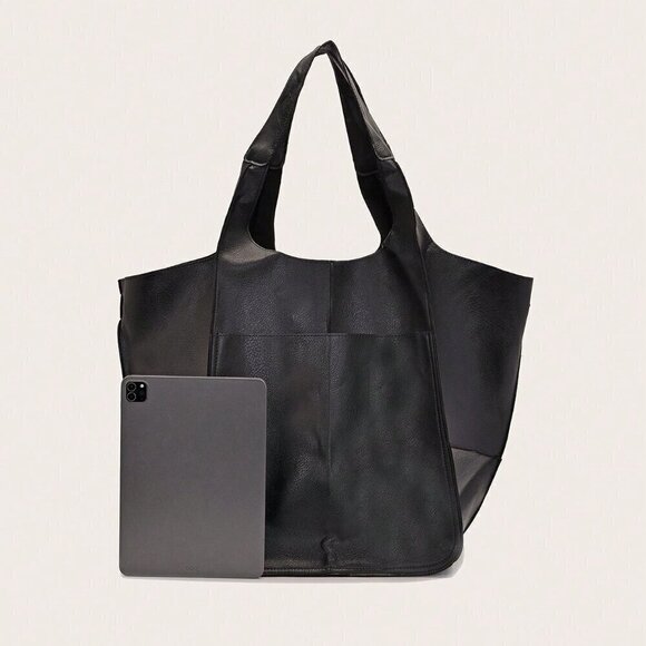 Black Casual Women's Large Capacity Tote Bag With Front Pocket - Picture 5 of 5